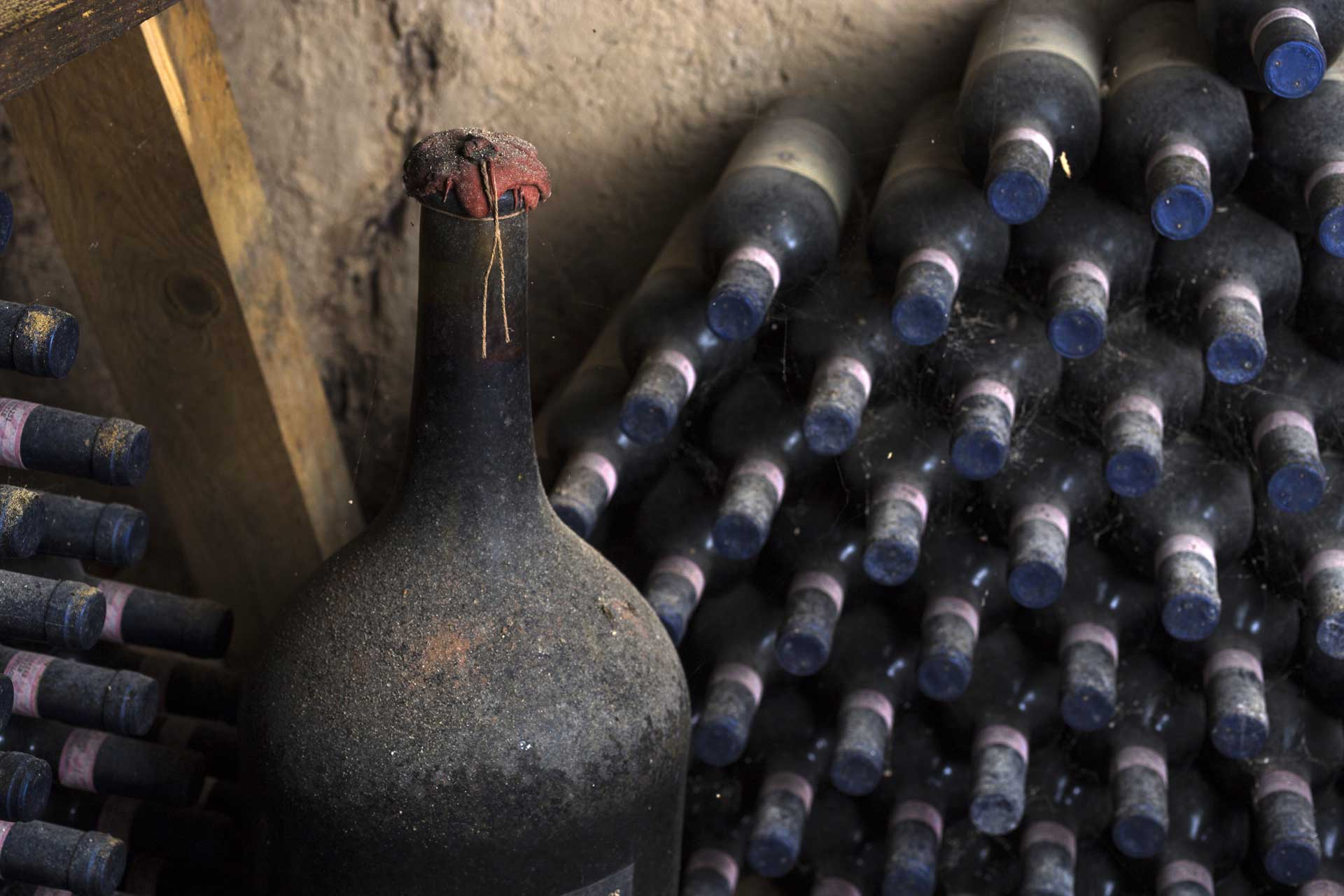 Vintage bottle of Vino Nobile, in a cellar in Tuscany
